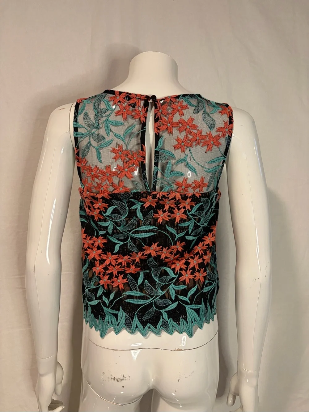 Elliatt Black Sheer Tank with Coral Floral & Teal Leaf Embroidery